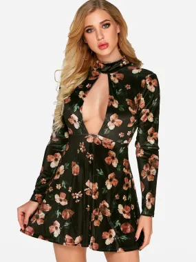 Wholesale Black Long Sleeve Floral Print Zip Back Backless Cut Out Dress