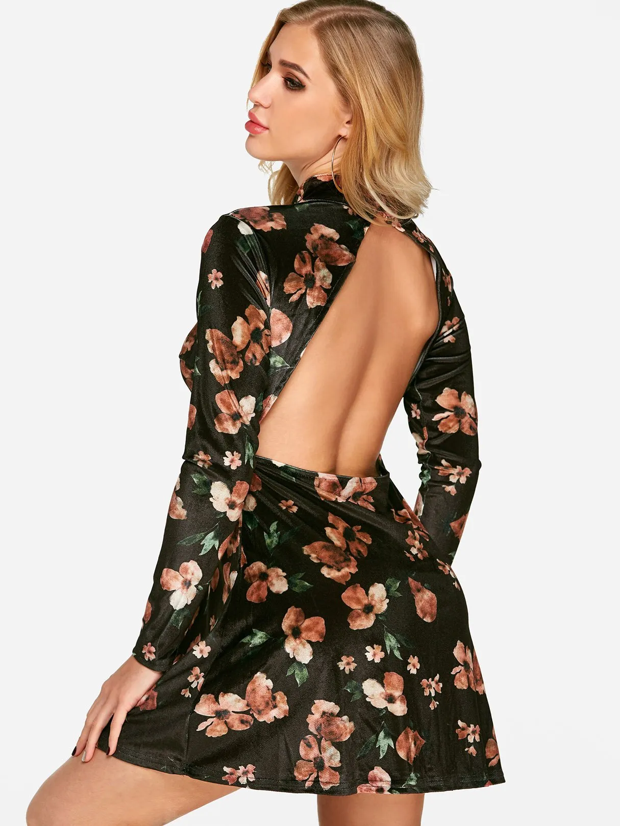 Wholesale Black Long Sleeve Floral Print Zip Back Backless Cut Out Dress