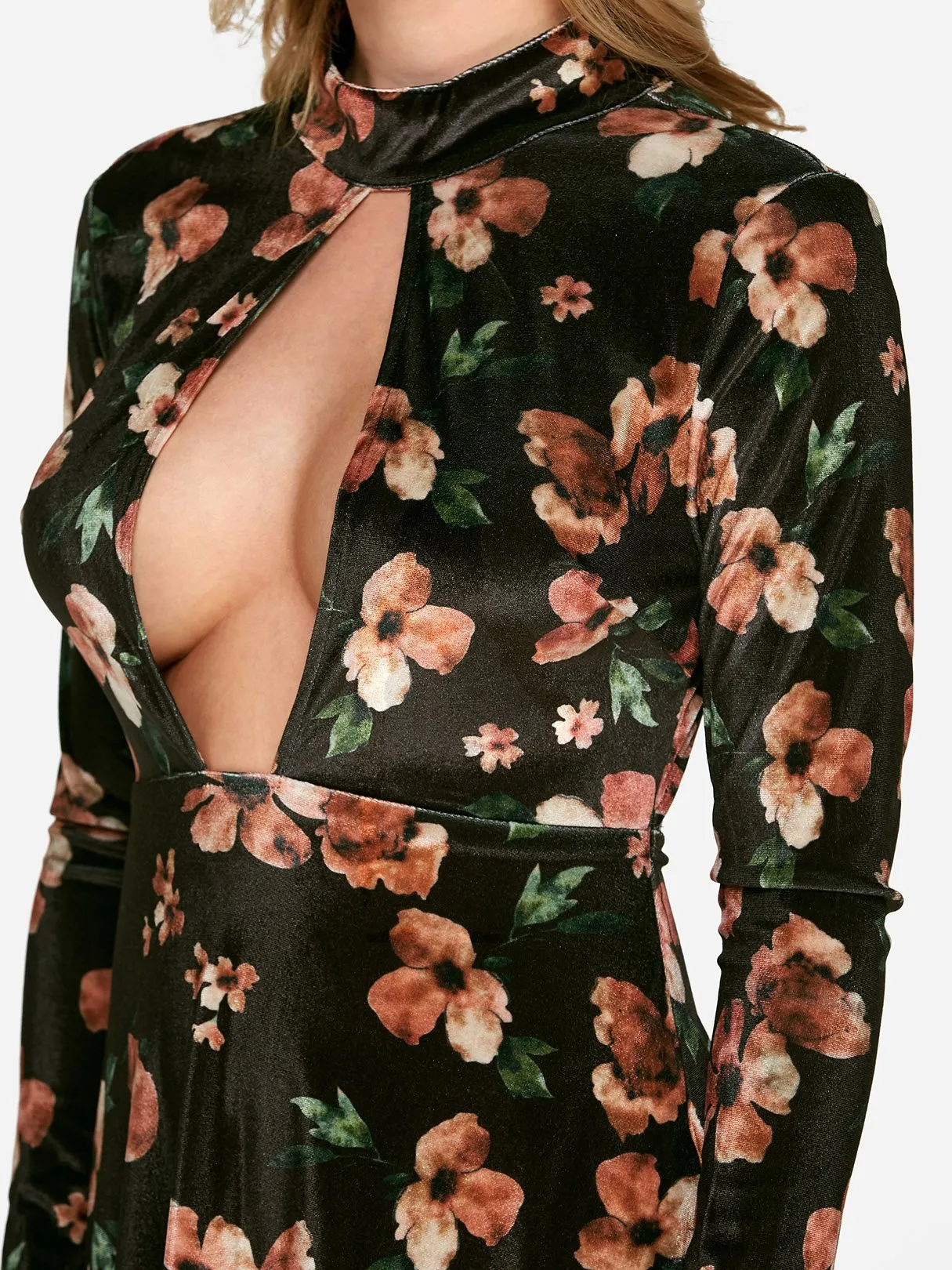 Wholesale Black Long Sleeve Floral Print Zip Back Backless Cut Out Dress