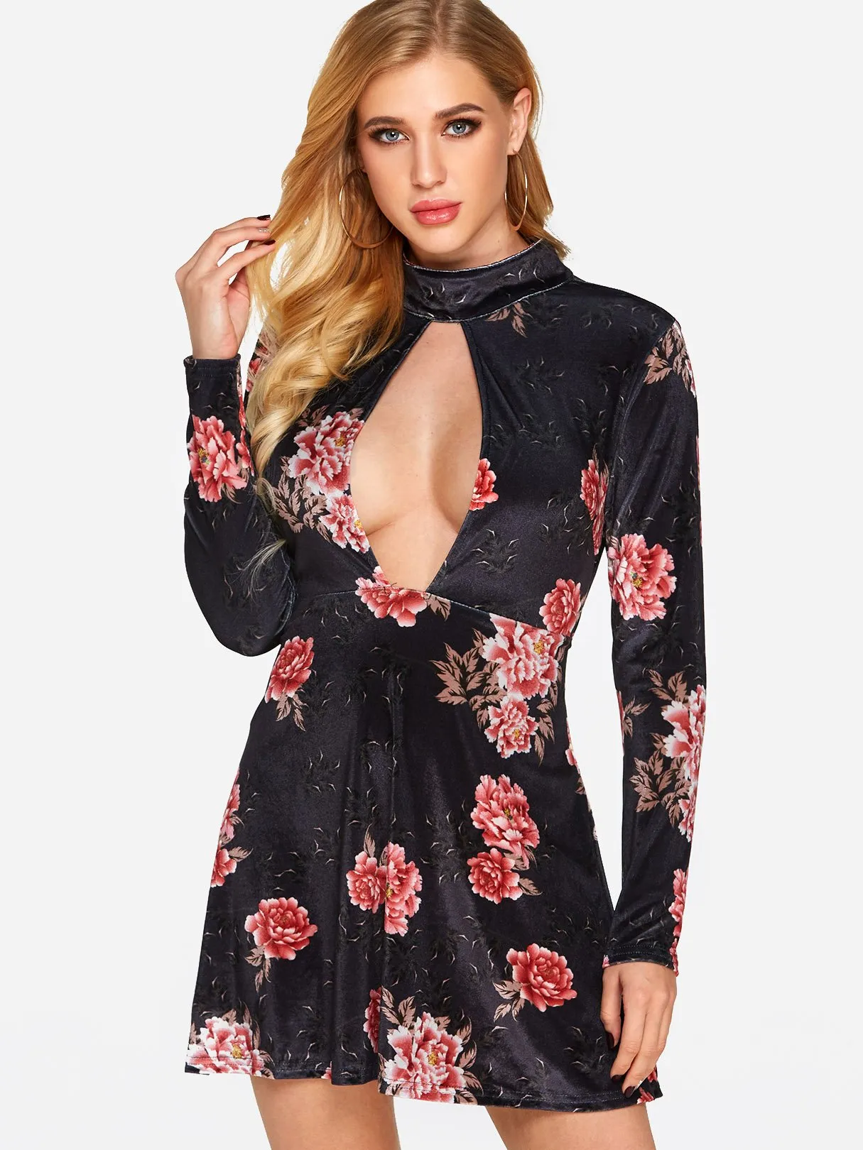 Wholesale Black Long Sleeve Floral Print Zip Back Backless Cut Out Dresses