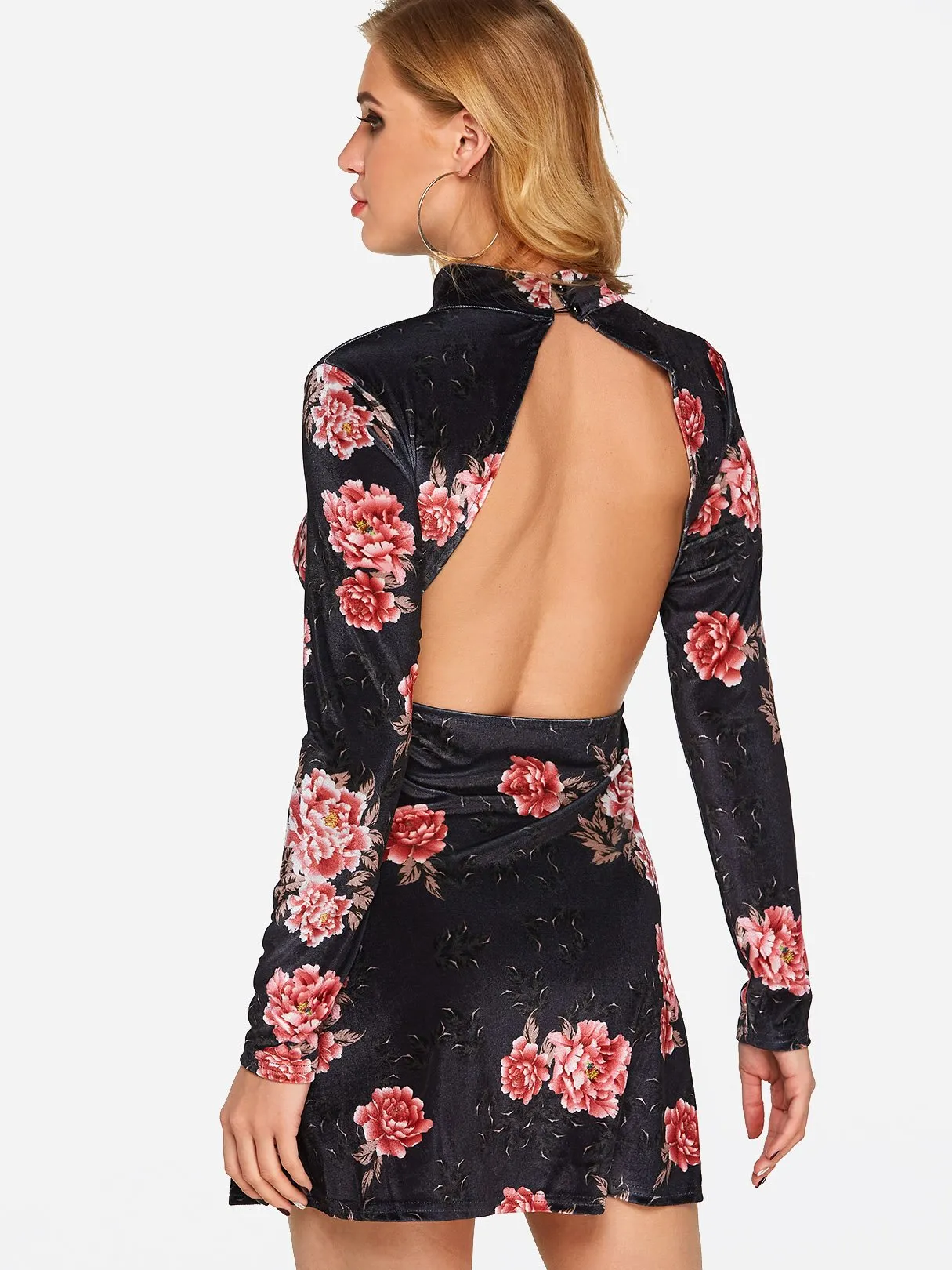 Wholesale Black Long Sleeve Floral Print Zip Back Backless Cut Out Dresses