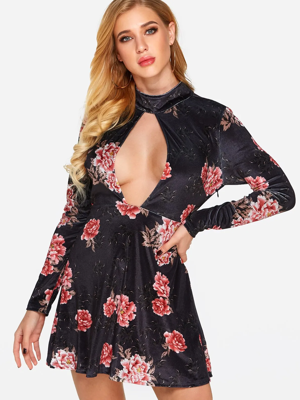 Wholesale Black Long Sleeve Floral Print Zip Back Backless Cut Out Dresses