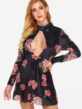 Wholesale Black Long Sleeve Floral Print Zip Back Backless Cut Out Dresses