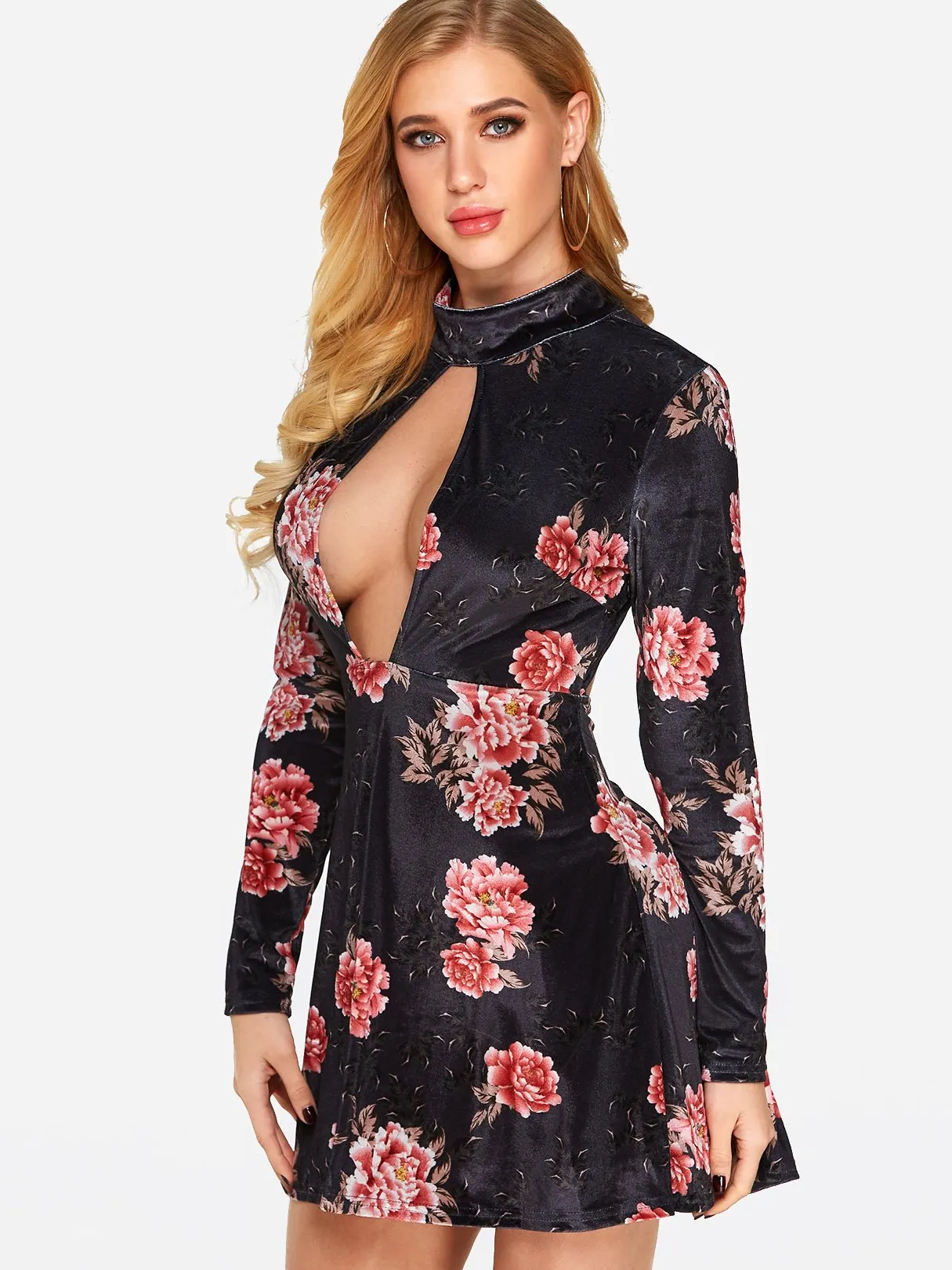 Wholesale Black Long Sleeve Floral Print Zip Back Backless Cut Out Dresses