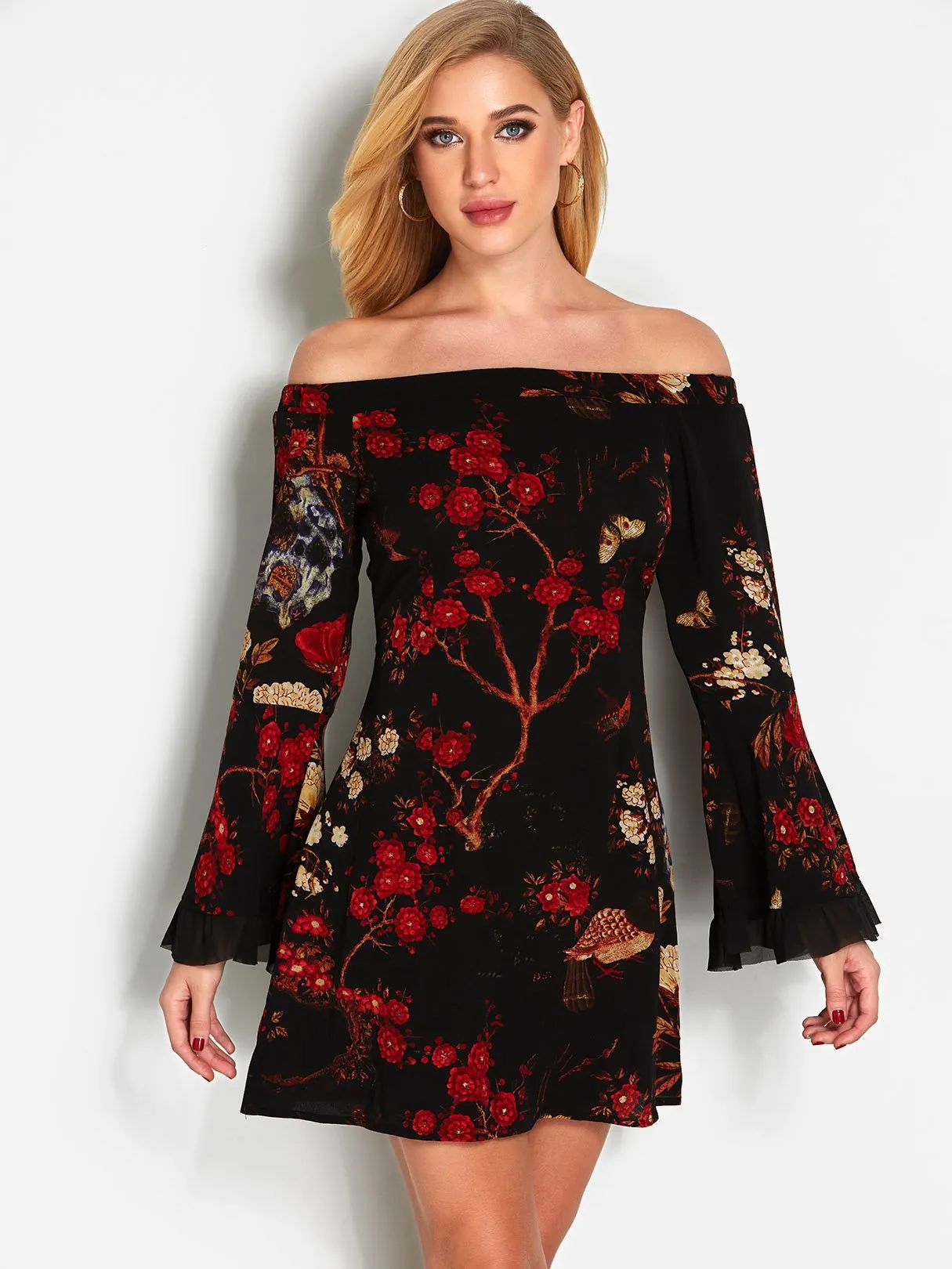 Wholesale Black Off The Shoulder Long Sleeve Floral Print Lace Zip Back Dresses