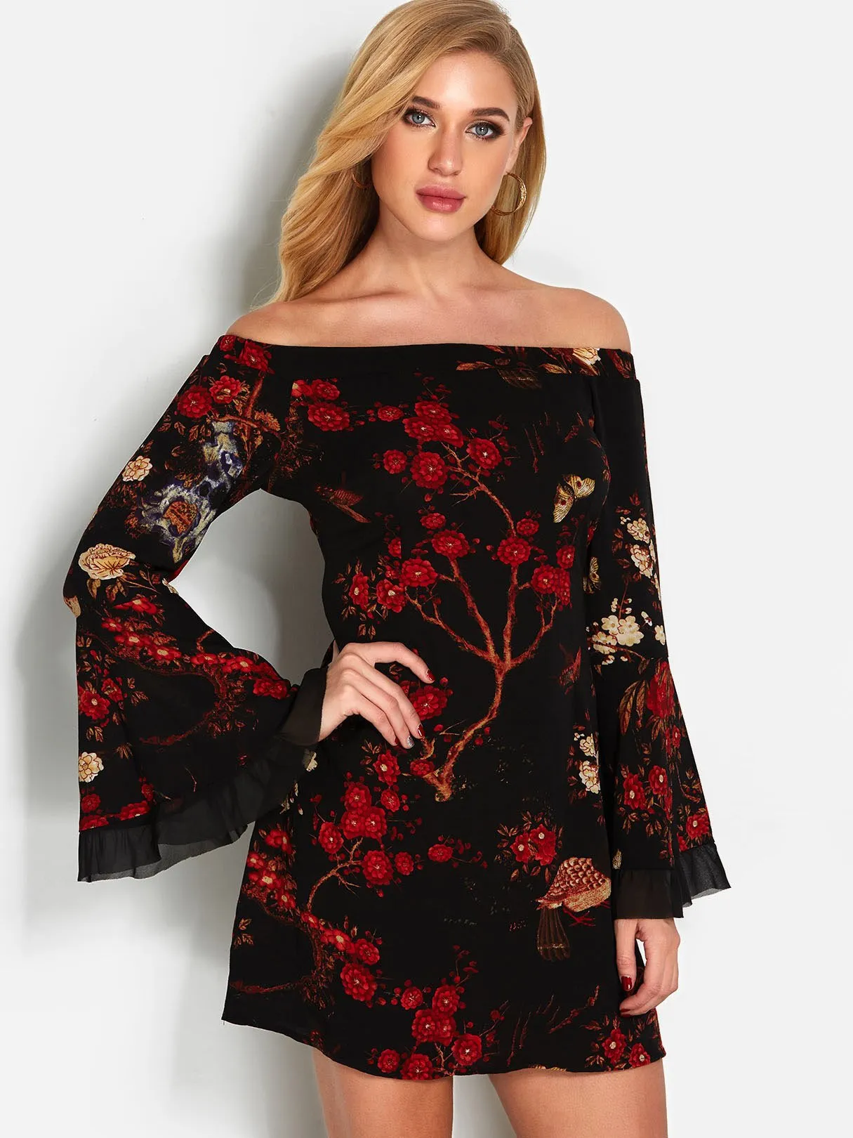 Wholesale Black Off The Shoulder Long Sleeve Floral Print Lace Zip Back Dresses