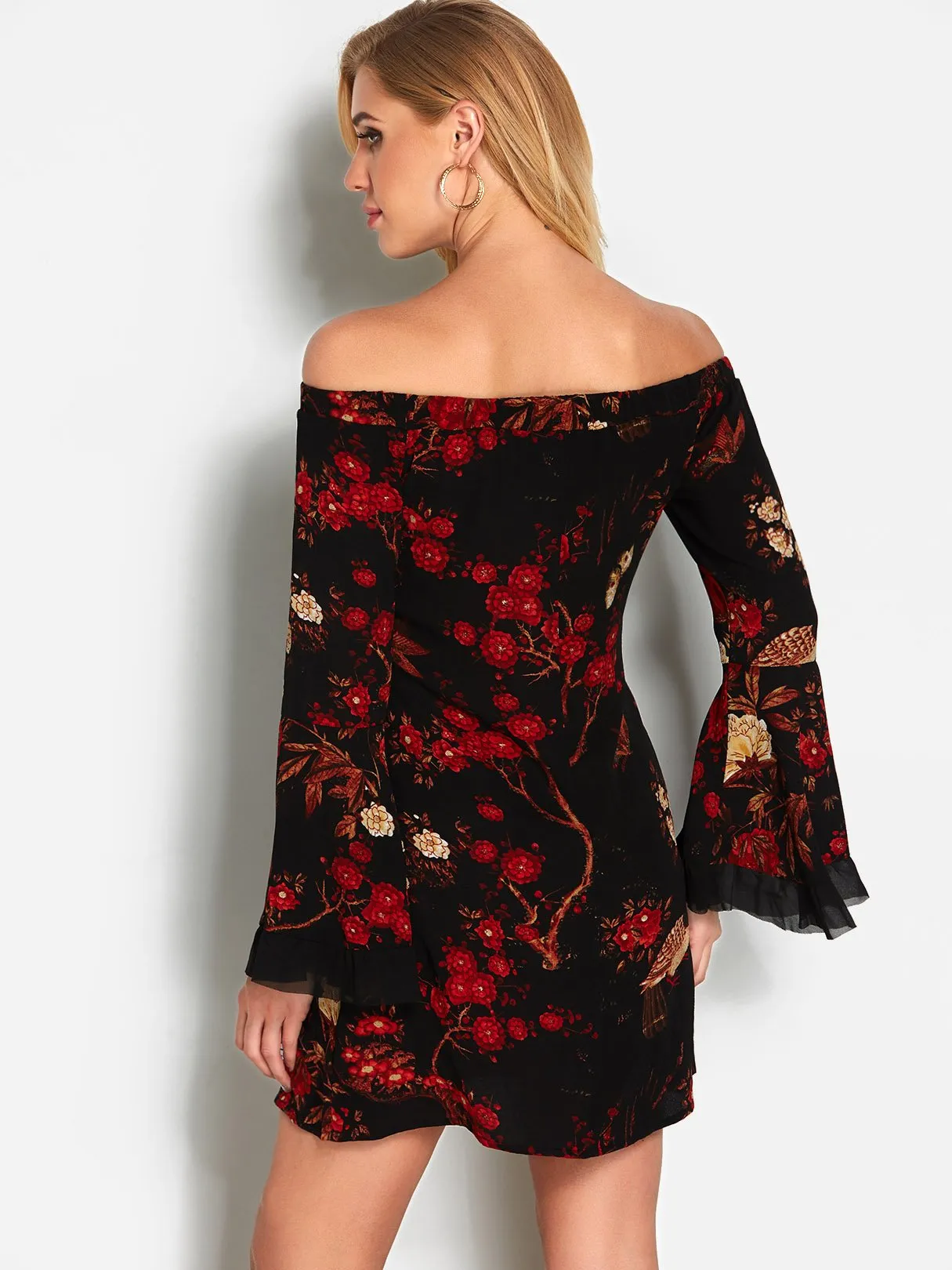 Wholesale Black Off The Shoulder Long Sleeve Floral Print Lace Zip Back Dresses