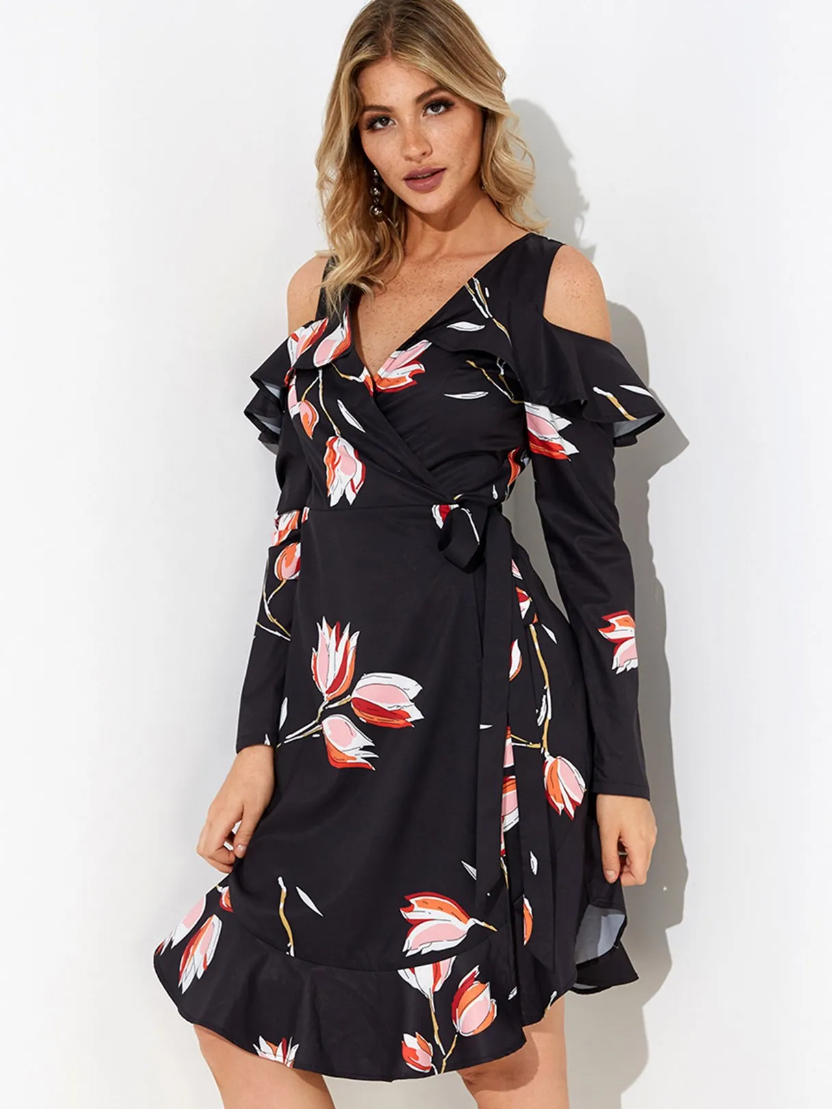 Wholesale Black V-Neck Cold Shoulder Long Sleeve Floral Print Self-Tie Flounced Hem Dresses