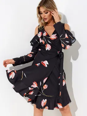 Wholesale Black V-Neck Cold Shoulder Long Sleeve Floral Print Self-Tie Flounced Hem Dresses