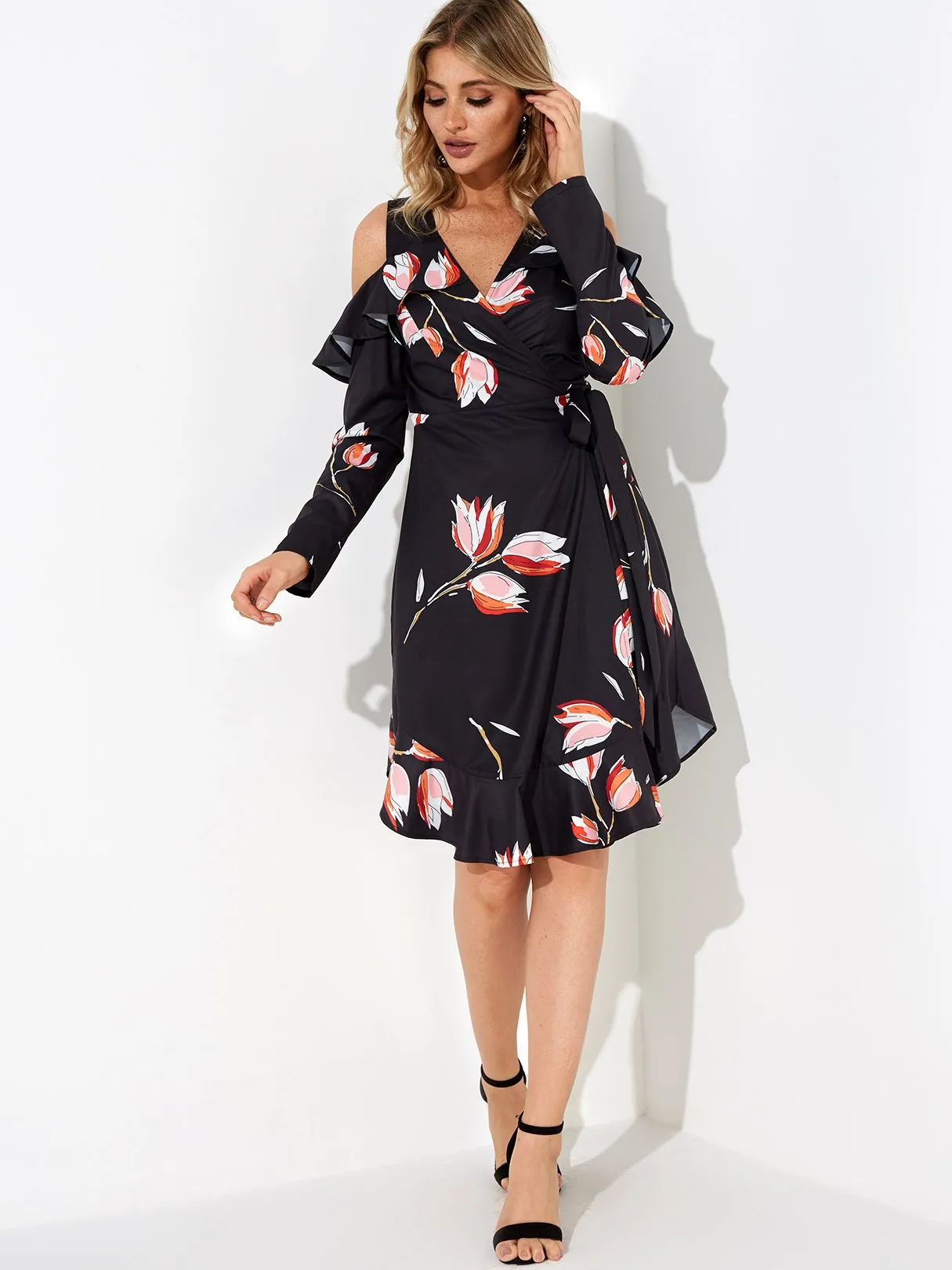 Wholesale Black V-Neck Cold Shoulder Long Sleeve Floral Print Self-Tie Flounced Hem Dresses