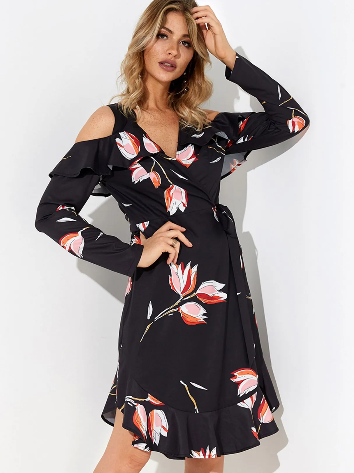 Wholesale Black V-Neck Cold Shoulder Long Sleeve Floral Print Self-Tie Flounced Hem Dresses