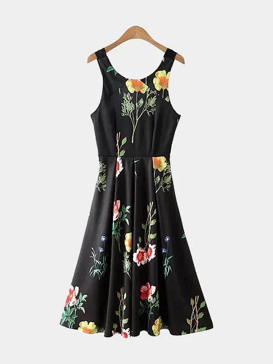 Wholesale Crew Neck Sleeveless Floral Print Dresses