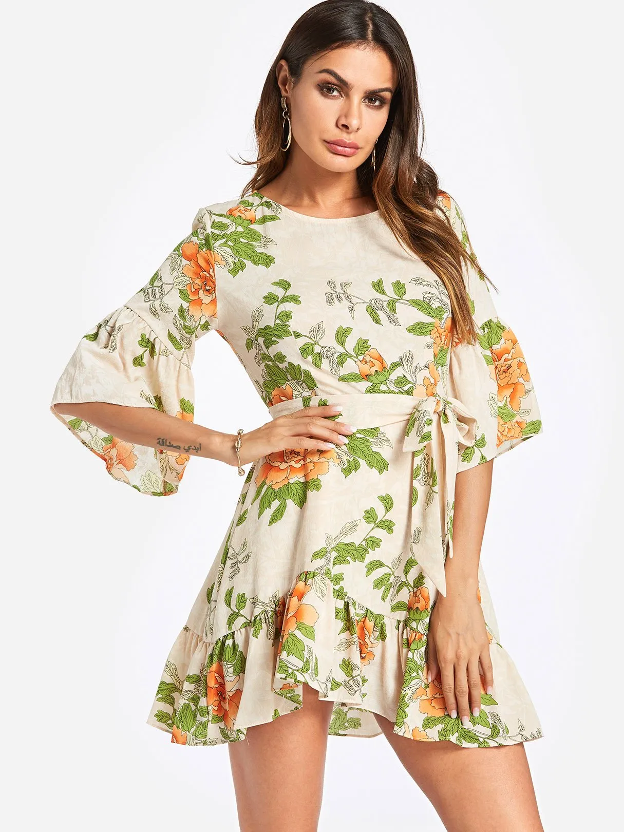 Wholesale Green Crew Neck Half Sleeve Floral Print Dresses