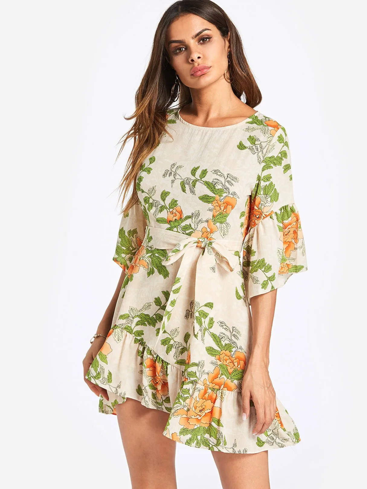 Wholesale Green Crew Neck Half Sleeve Floral Print Dresses