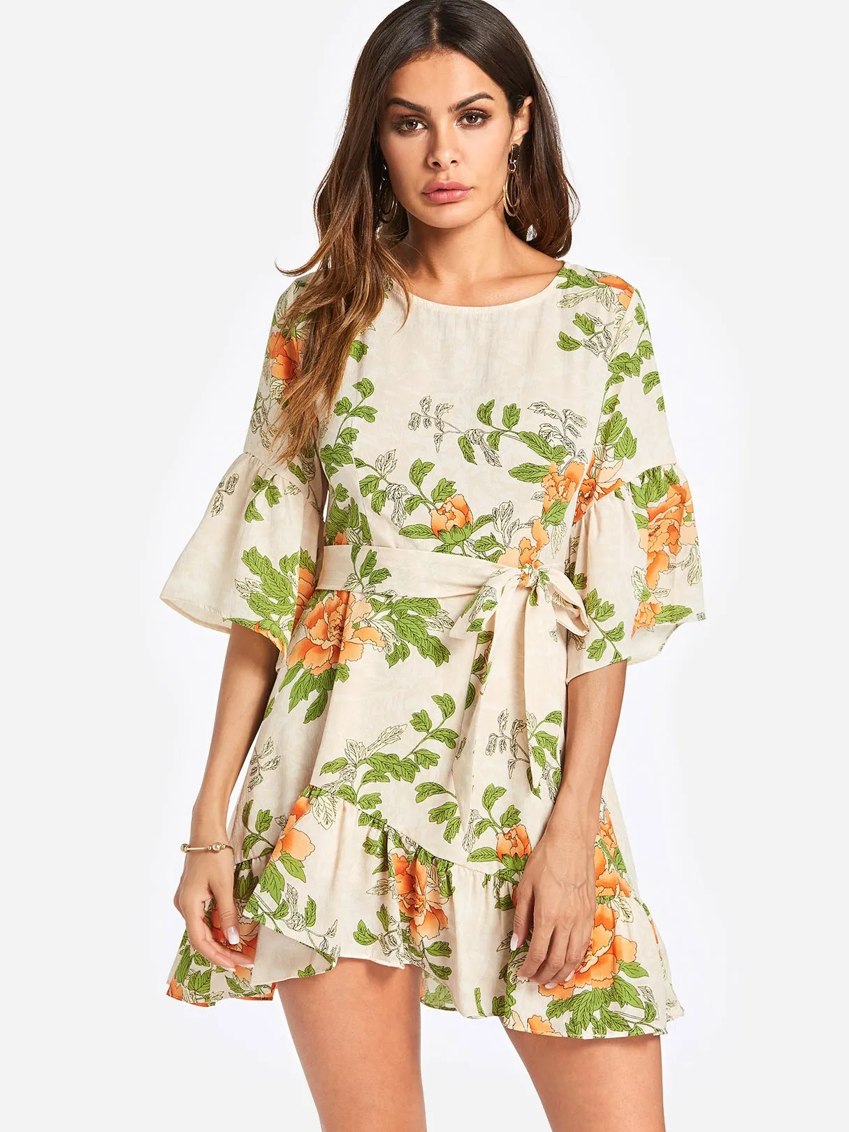 Wholesale Green Crew Neck Half Sleeve Floral Print Dresses