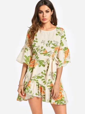 Wholesale Green Crew Neck Half Sleeve Floral Print Dresses