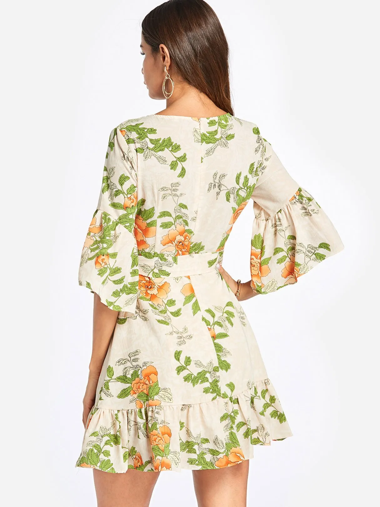 Wholesale Green Crew Neck Half Sleeve Floral Print Dresses