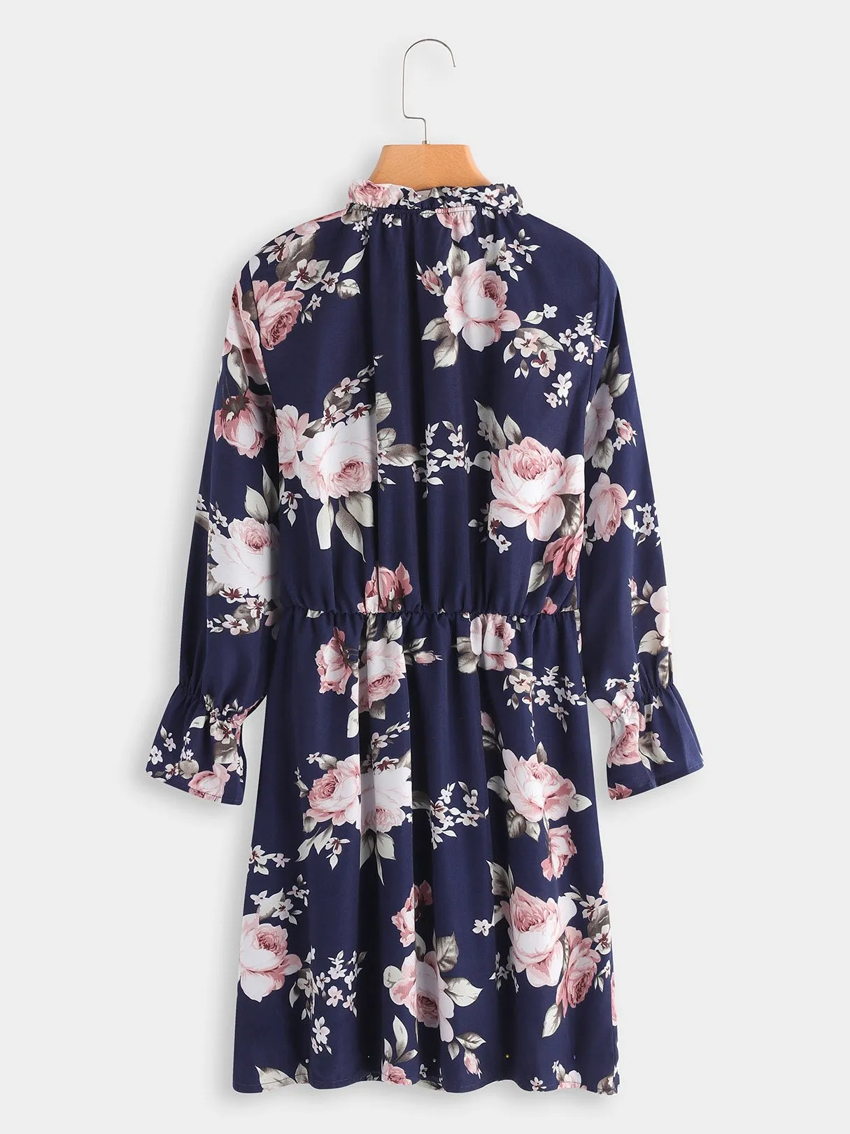 Wholesale Navy Crew Neck 3/4 Sleeve Length Floral Print Pleated Dresses