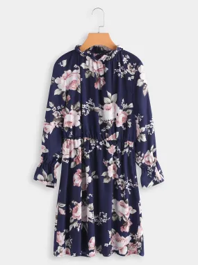 Wholesale Navy Crew Neck 3/4 Sleeve Length Floral Print Pleated Dresses