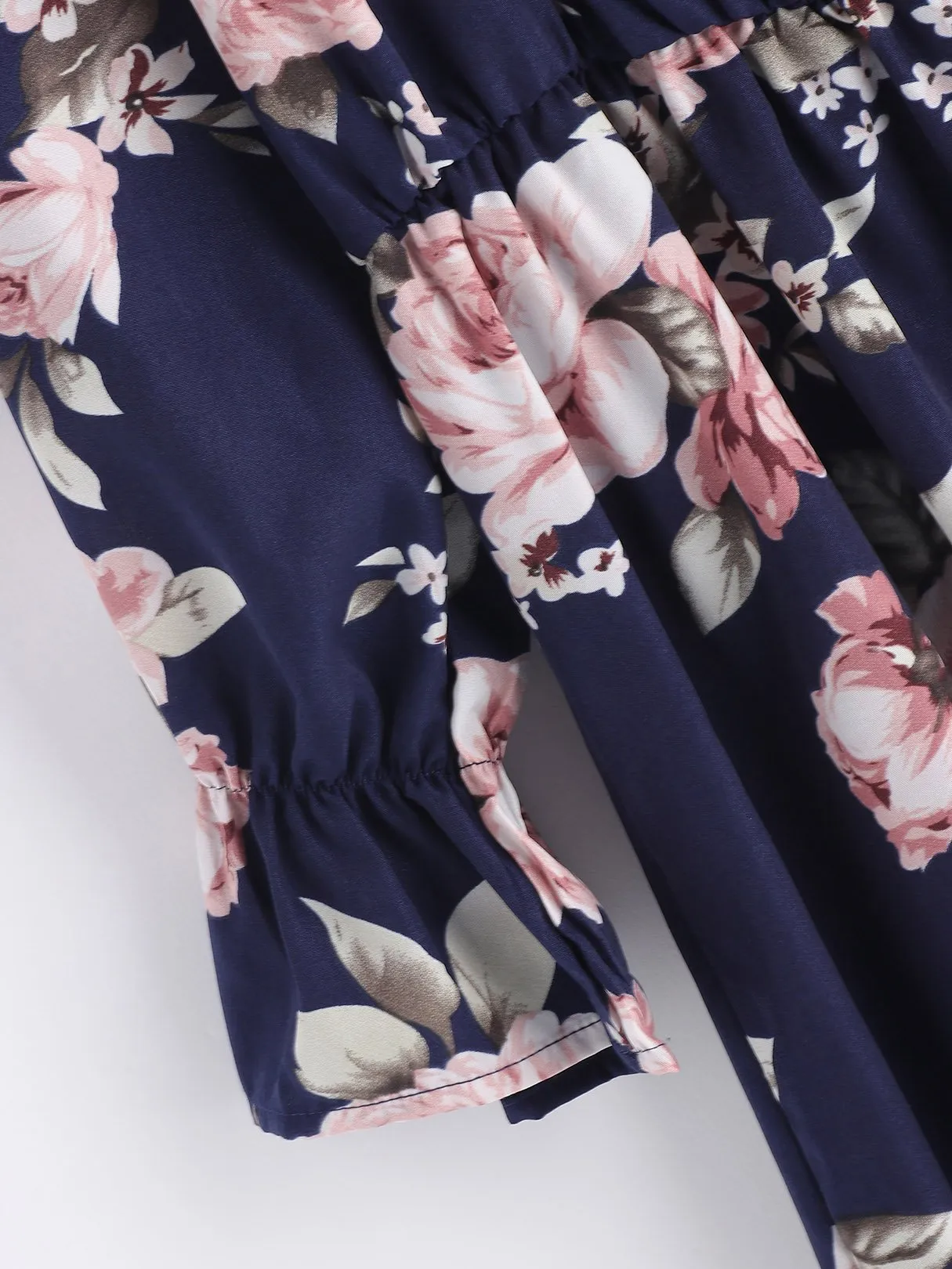 Wholesale Navy Crew Neck 3/4 Sleeve Length Floral Print Pleated Dresses