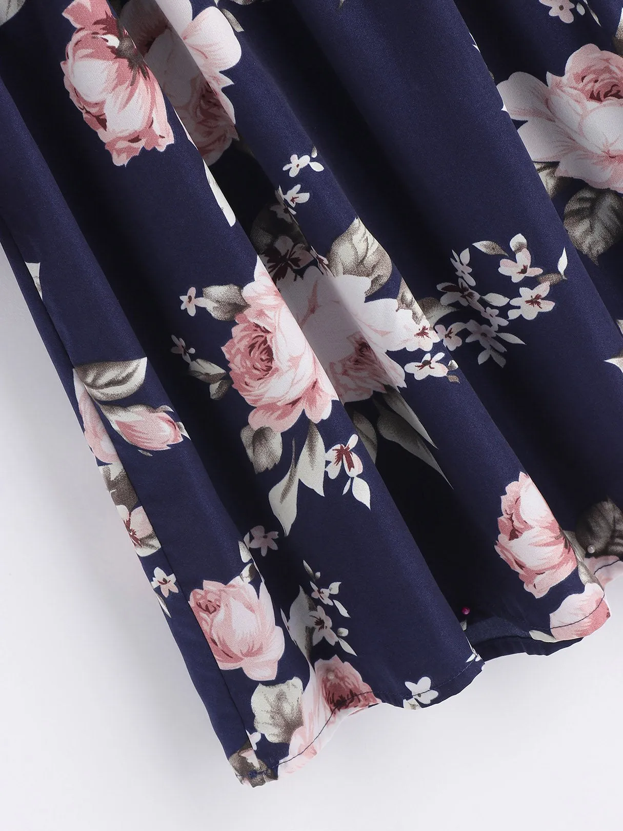 Wholesale Navy Crew Neck 3/4 Sleeve Length Floral Print Pleated Dresses