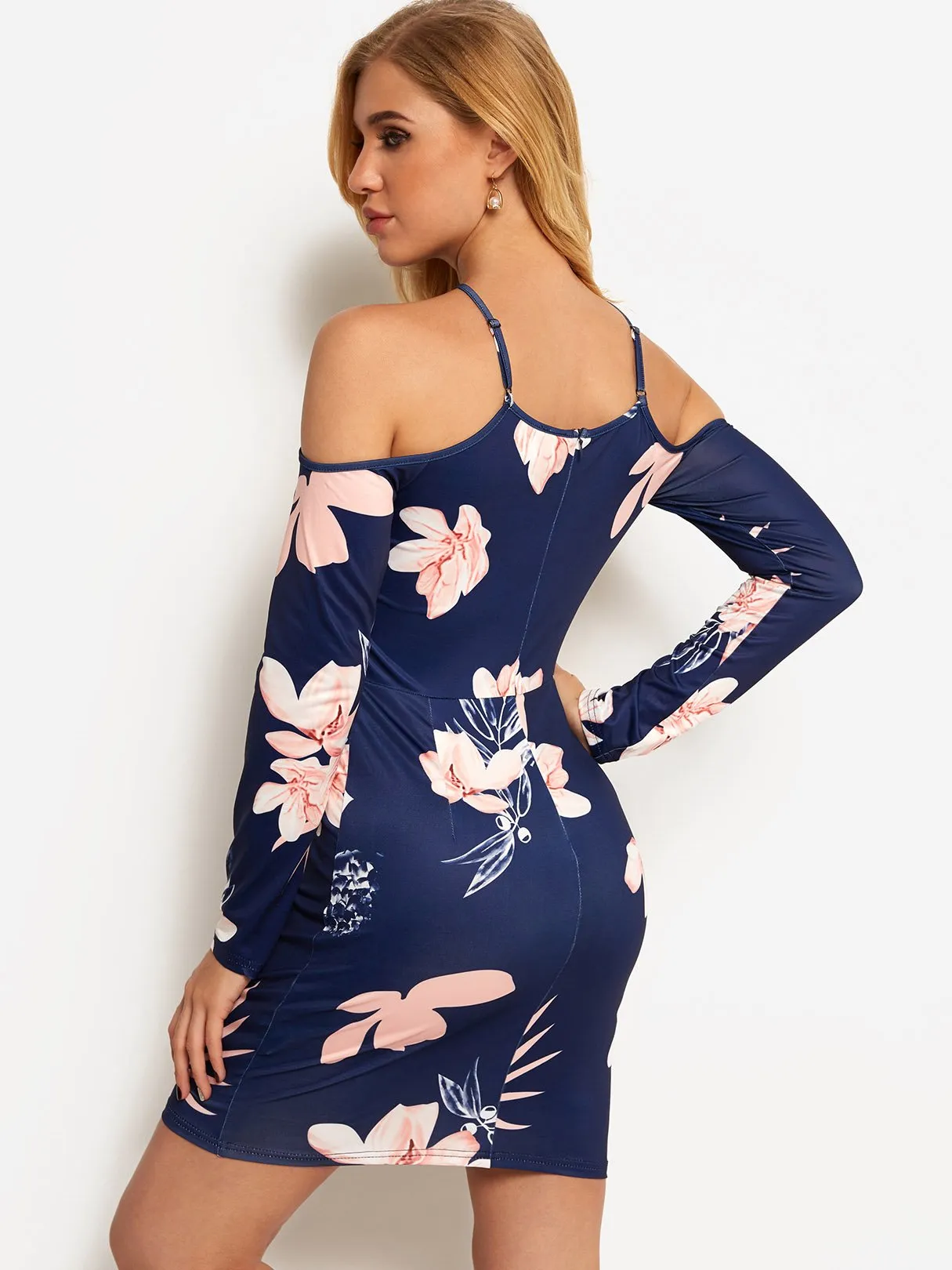 Wholesale Navy Crossed Collar Cold Shoulder Long Sleeve Floral Print Crossed Front Dresses