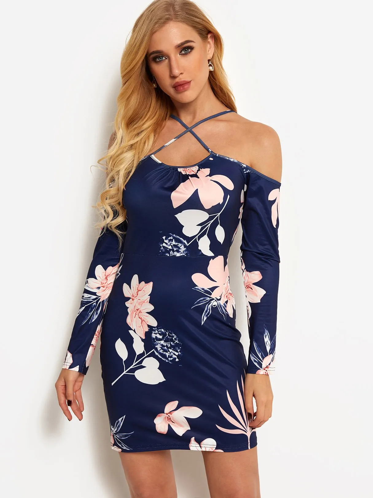 Wholesale Navy Crossed Collar Cold Shoulder Long Sleeve Floral Print Crossed Front Dresses