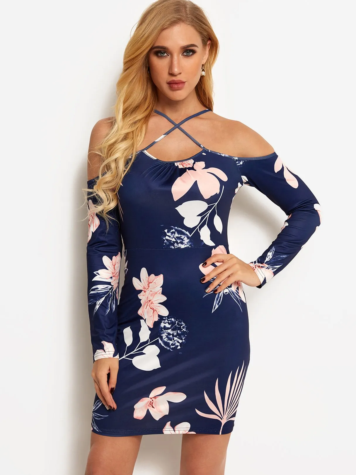 Wholesale Navy Crossed Collar Cold Shoulder Long Sleeve Floral Print Crossed Front Dresses