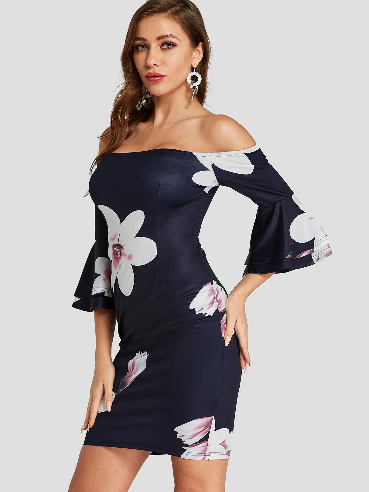 Wholesale Navy Off The Shoulder Long Sleeve Floral Print Bodycon Dresses