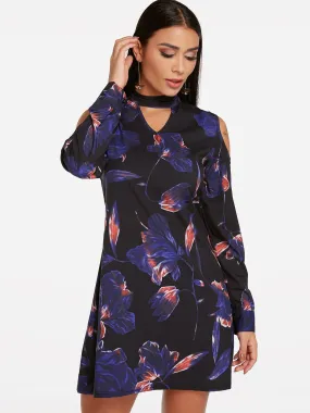 Wholesale Navy Perkins Collar Cold Shoulder Long Sleeve Floral Print Cut Out Dresses