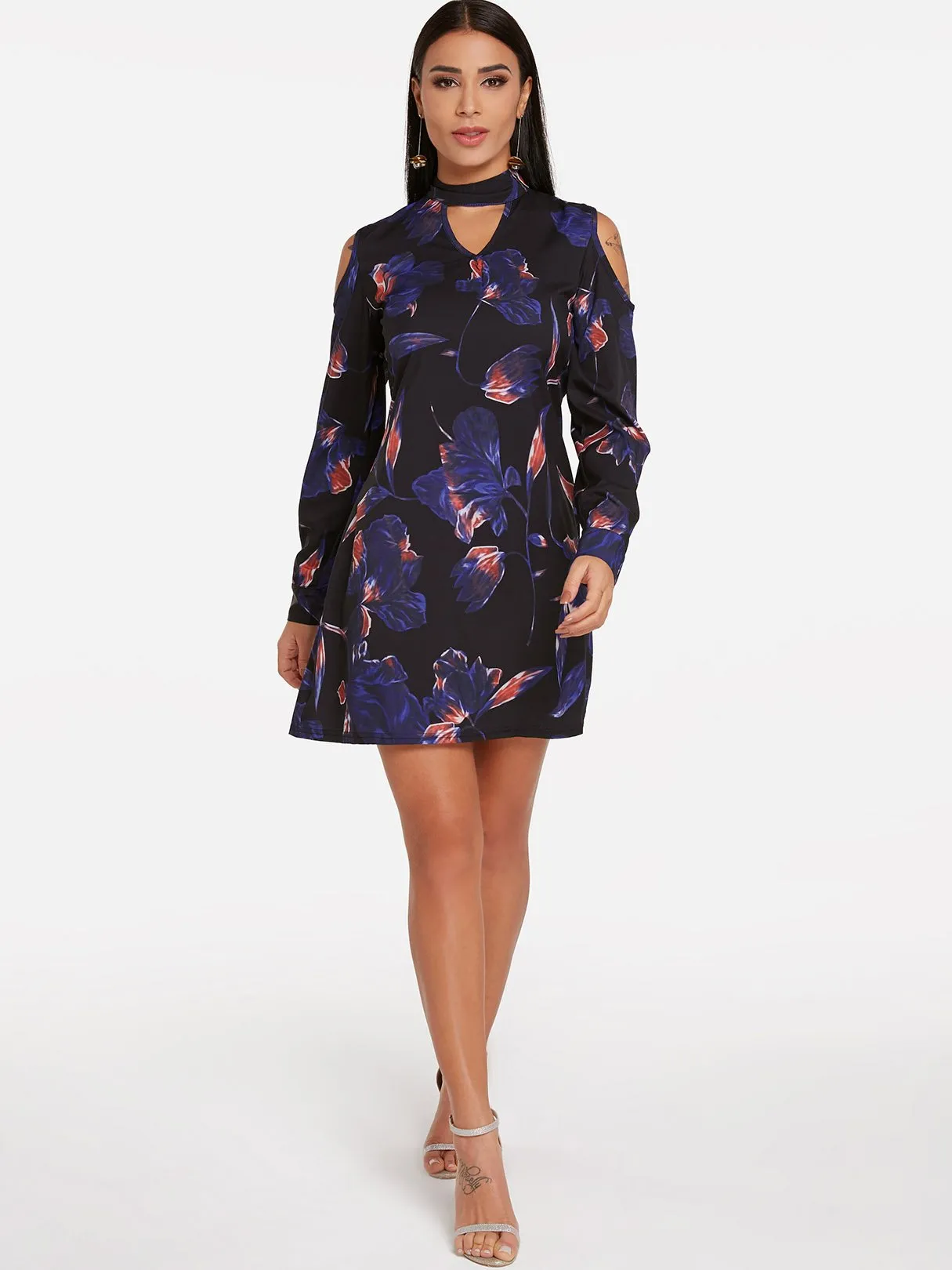 Wholesale Navy Perkins Collar Cold Shoulder Long Sleeve Floral Print Cut Out Dresses