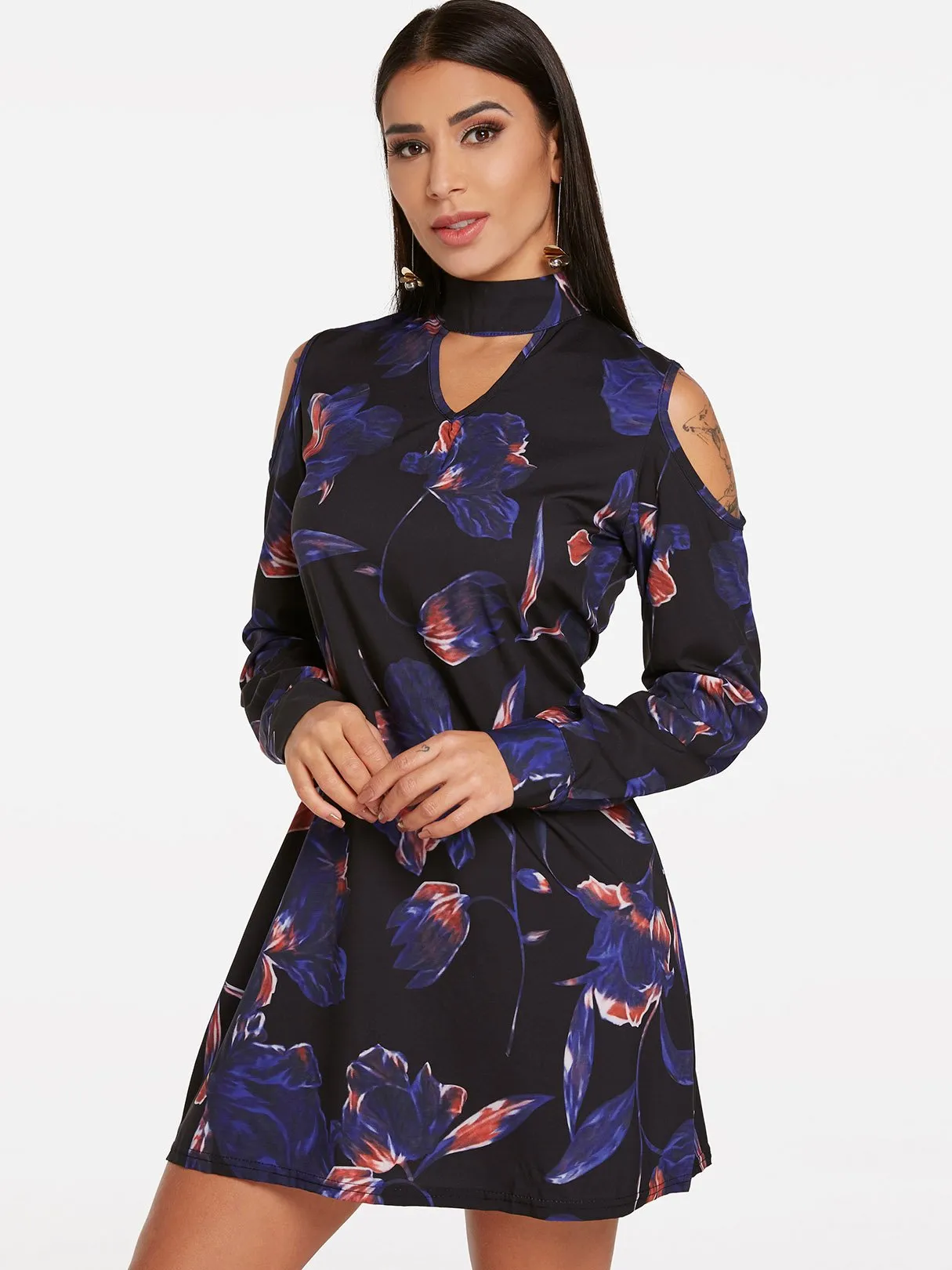 Wholesale Navy Perkins Collar Cold Shoulder Long Sleeve Floral Print Cut Out Dresses