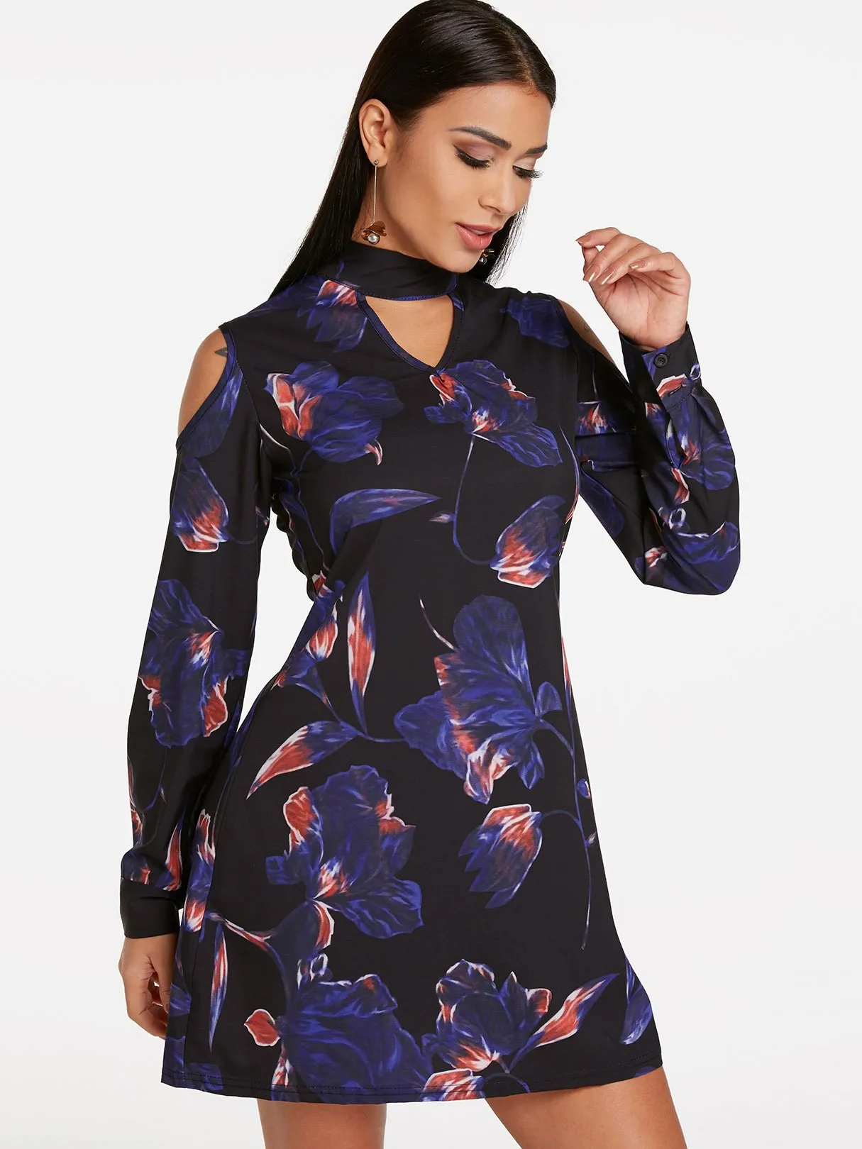 Wholesale Navy Perkins Collar Cold Shoulder Long Sleeve Floral Print Cut Out Dresses