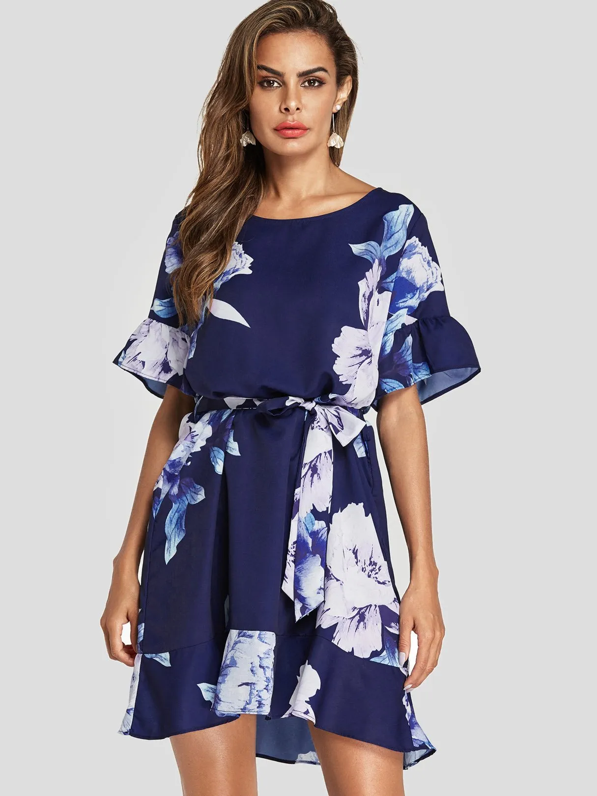 Wholesale Navy Round Neck Short Sleeve Floral Print Belt Self-Tie Ruffle Hem Dresses