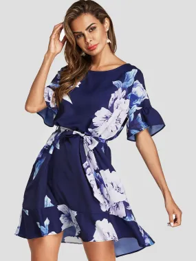 Wholesale Navy Round Neck Short Sleeve Floral Print Belt Self-Tie Ruffle Hem Dresses