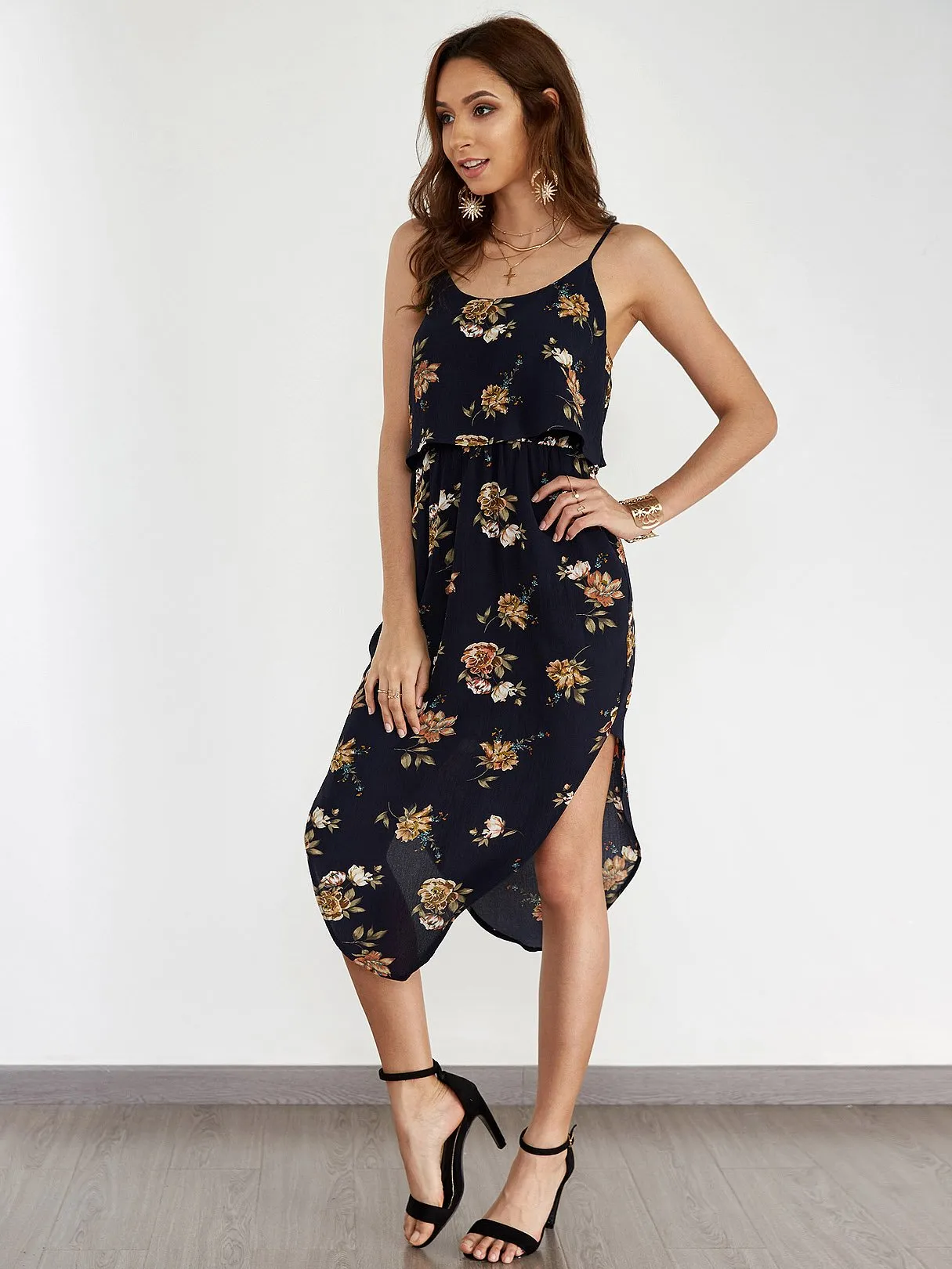 Wholesale Navy Round Neck Sleeveless Floral Print Backless Curved Hem High-Waisted Dresses