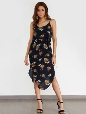 Wholesale Navy Round Neck Sleeveless Floral Print Backless Curved Hem High-Waisted Dresses