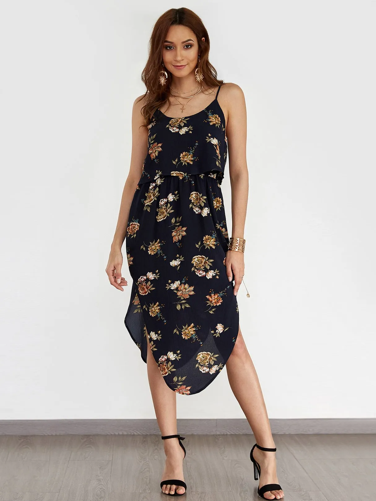 Wholesale Navy Round Neck Sleeveless Floral Print Backless Curved Hem High-Waisted Dresses