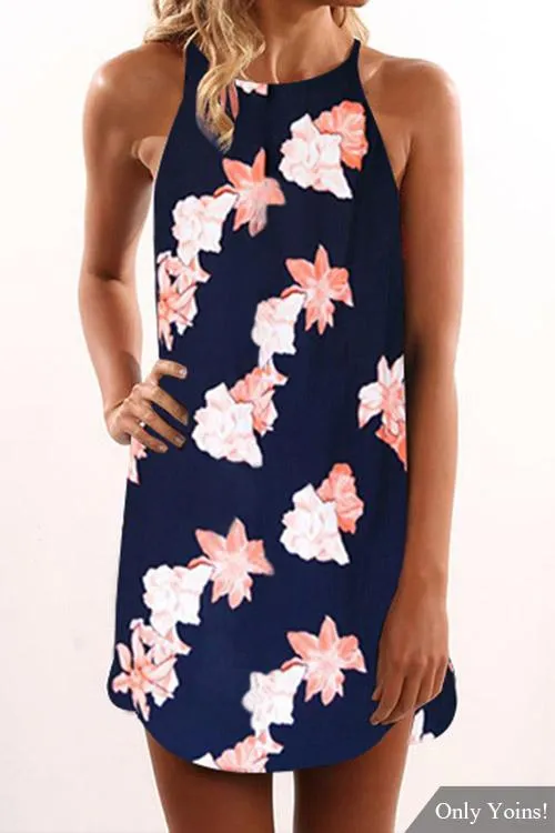 Wholesale Navy Round Neck Sleeveless Floral Print Curved Hem Dresses