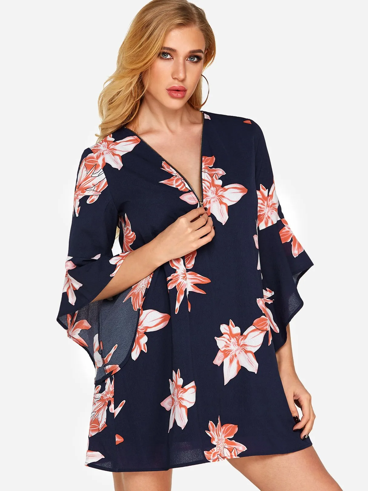 Wholesale Navy V-Neck Long Sleeve Floral Print Zip Back Dresses