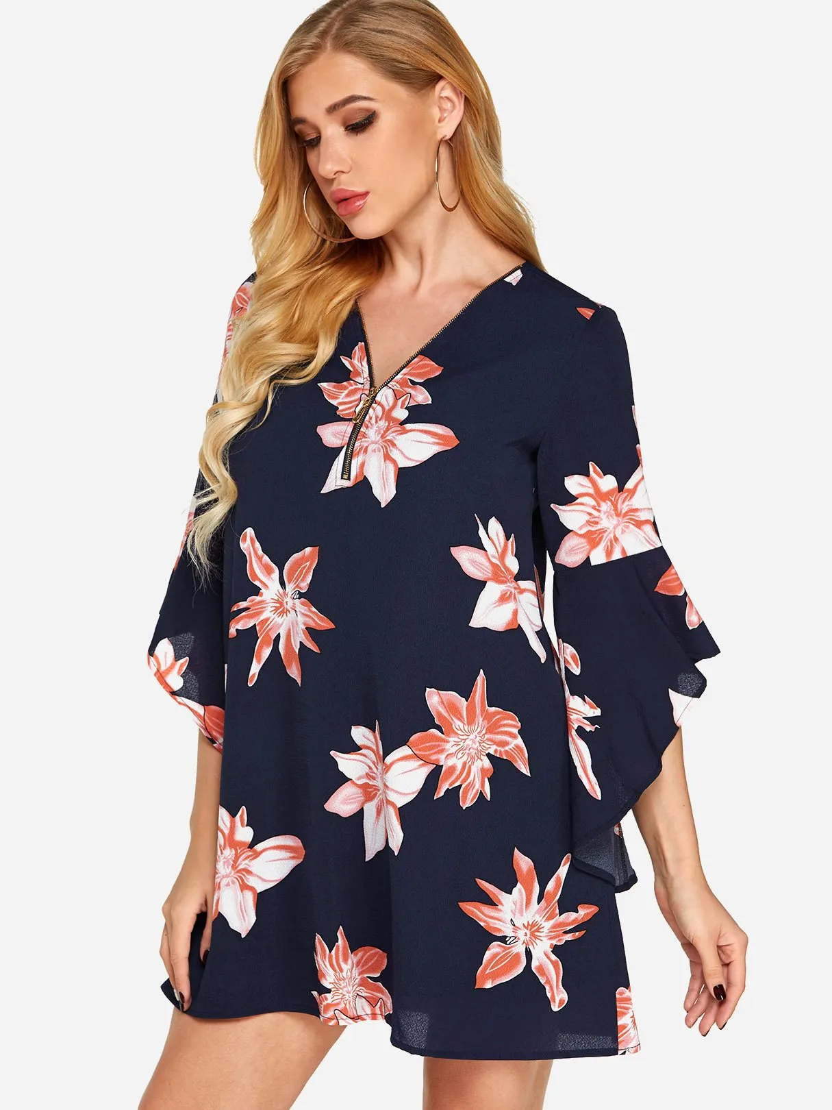 Wholesale Navy V-Neck Long Sleeve Floral Print Zip Back Dresses