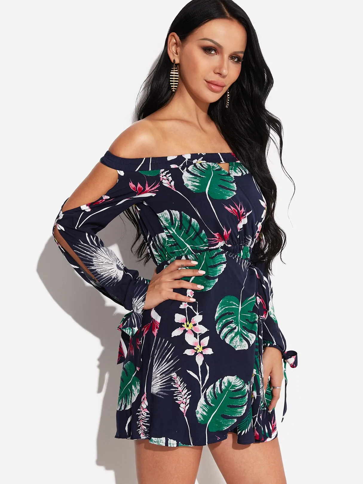 Wholesale Off The Shoulder Long Sleeve Floral Print Belt Dresses