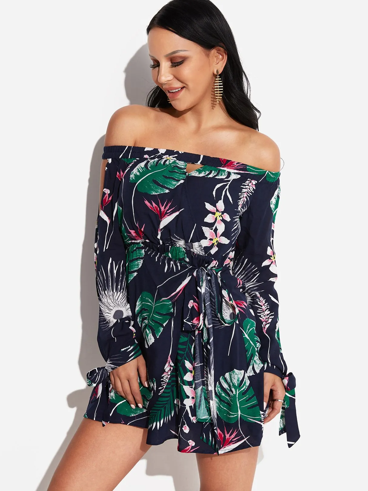 Wholesale Off The Shoulder Long Sleeve Floral Print Belt Dresses