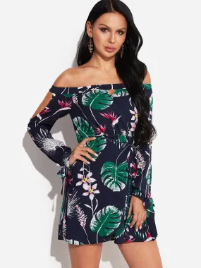 Wholesale Off The Shoulder Long Sleeve Floral Print Belt Dresses