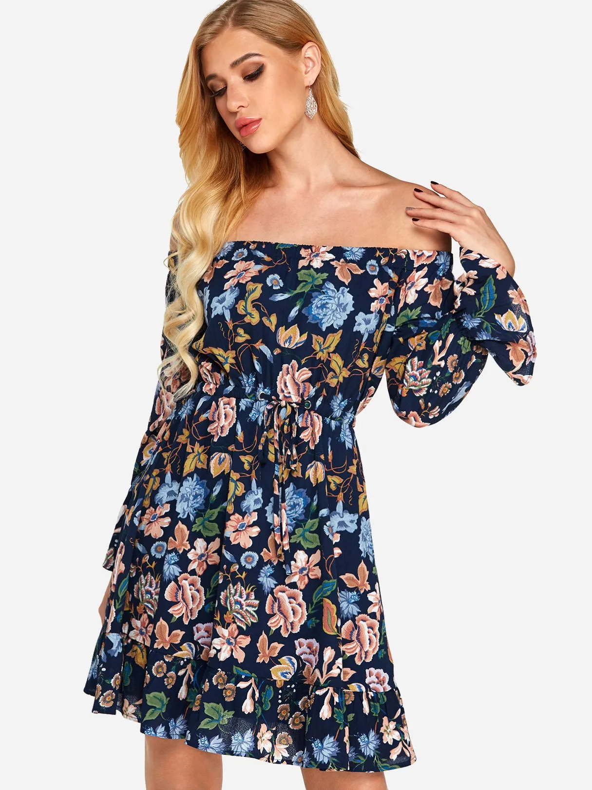 Wholesale Off The Shoulder Long Sleeve Floral Print Flounced Hem High Waist Dresses