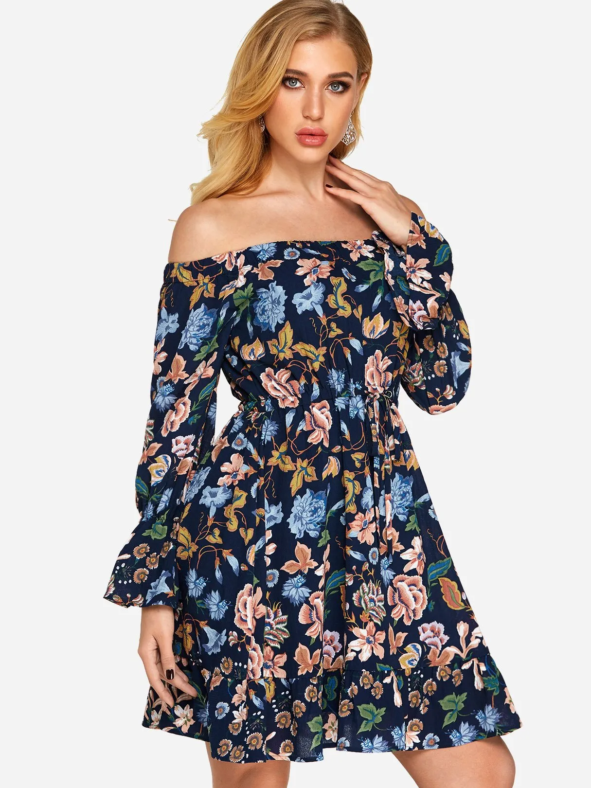 Wholesale Off The Shoulder Long Sleeve Floral Print Flounced Hem High Waist Dresses