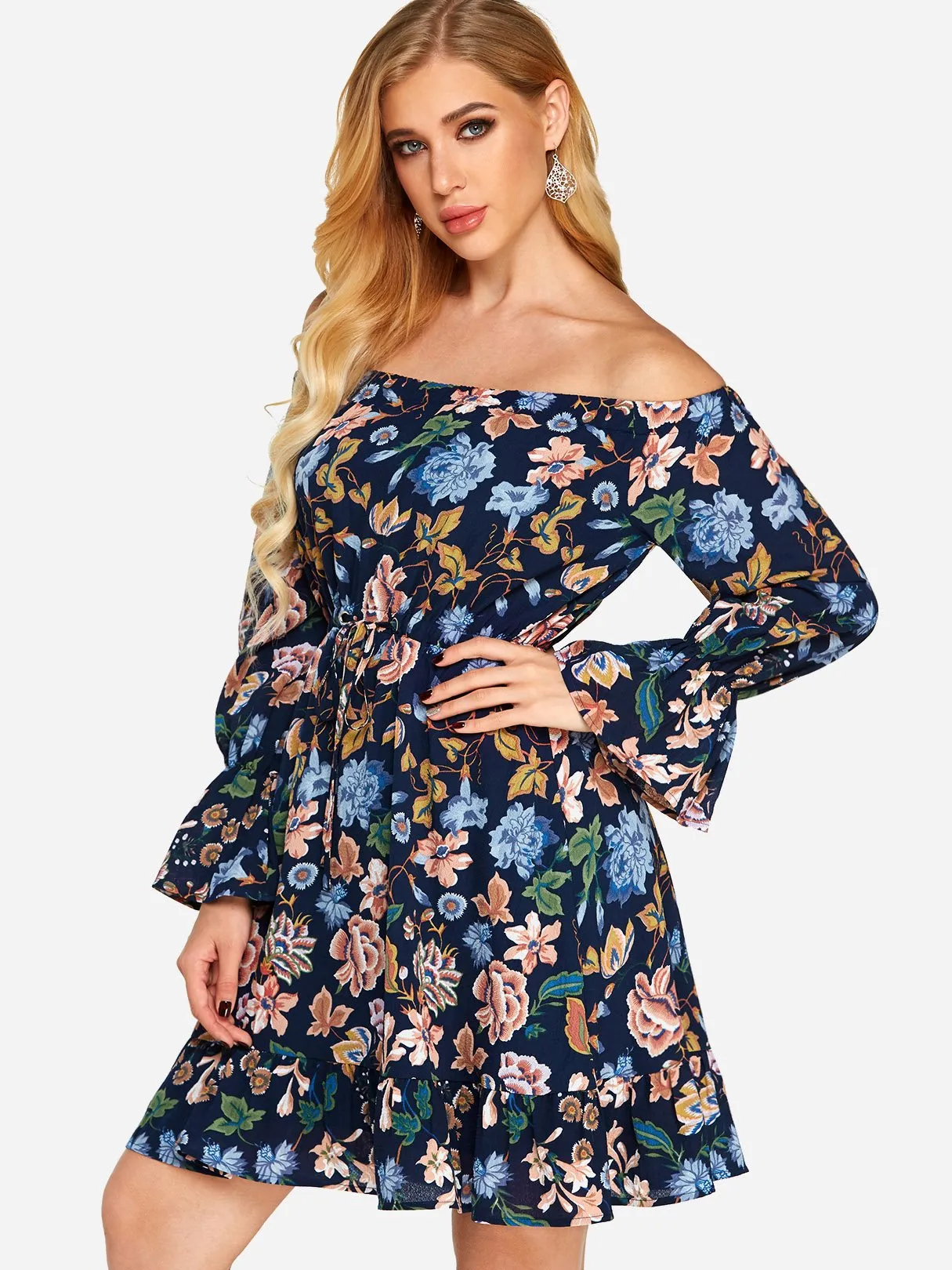 Wholesale Off The Shoulder Long Sleeve Floral Print Flounced Hem High Waist Dresses