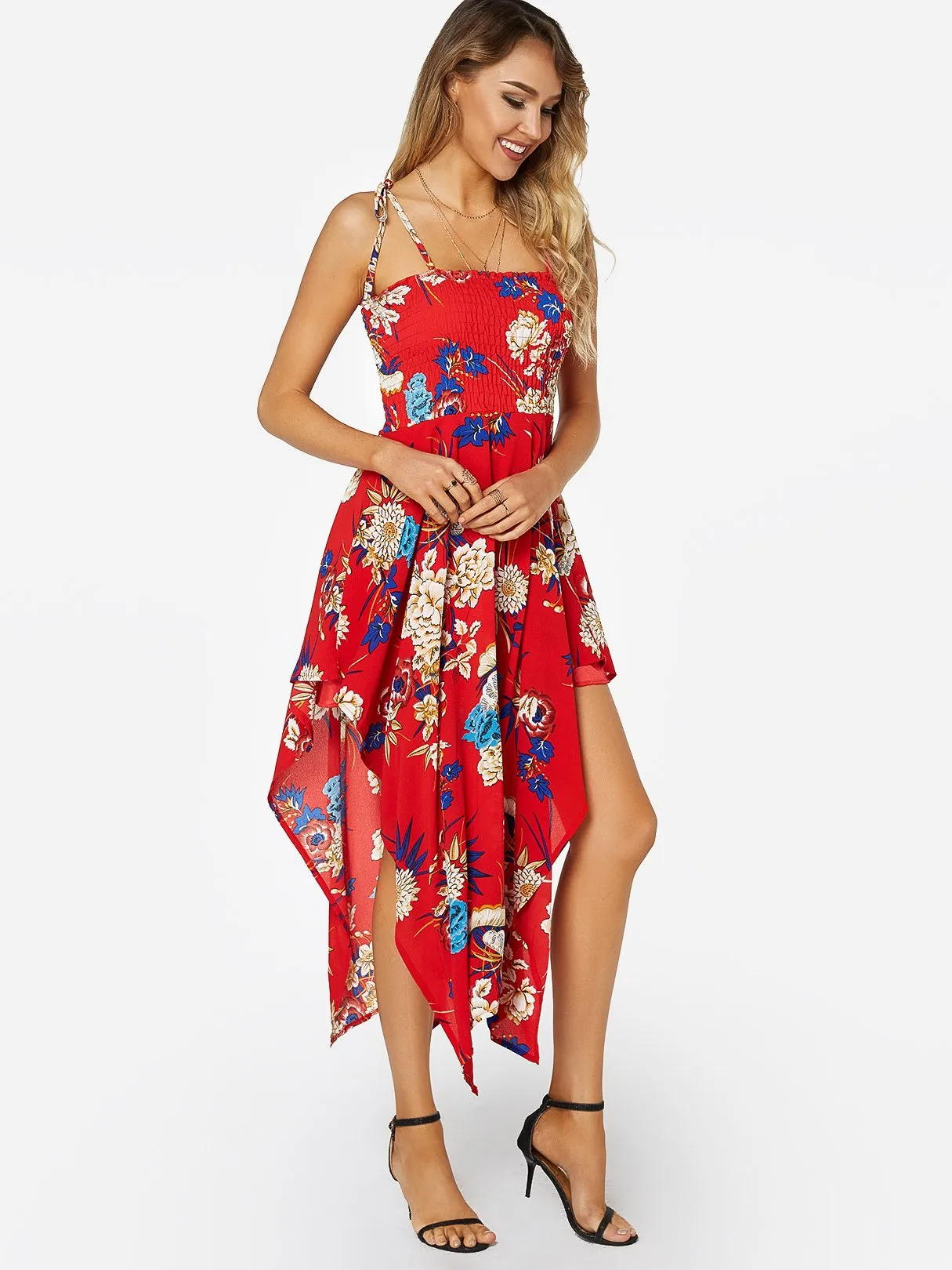 Wholesale Red Tube Top Sleeveless Floral Print Backless Irregular Hem Dresses