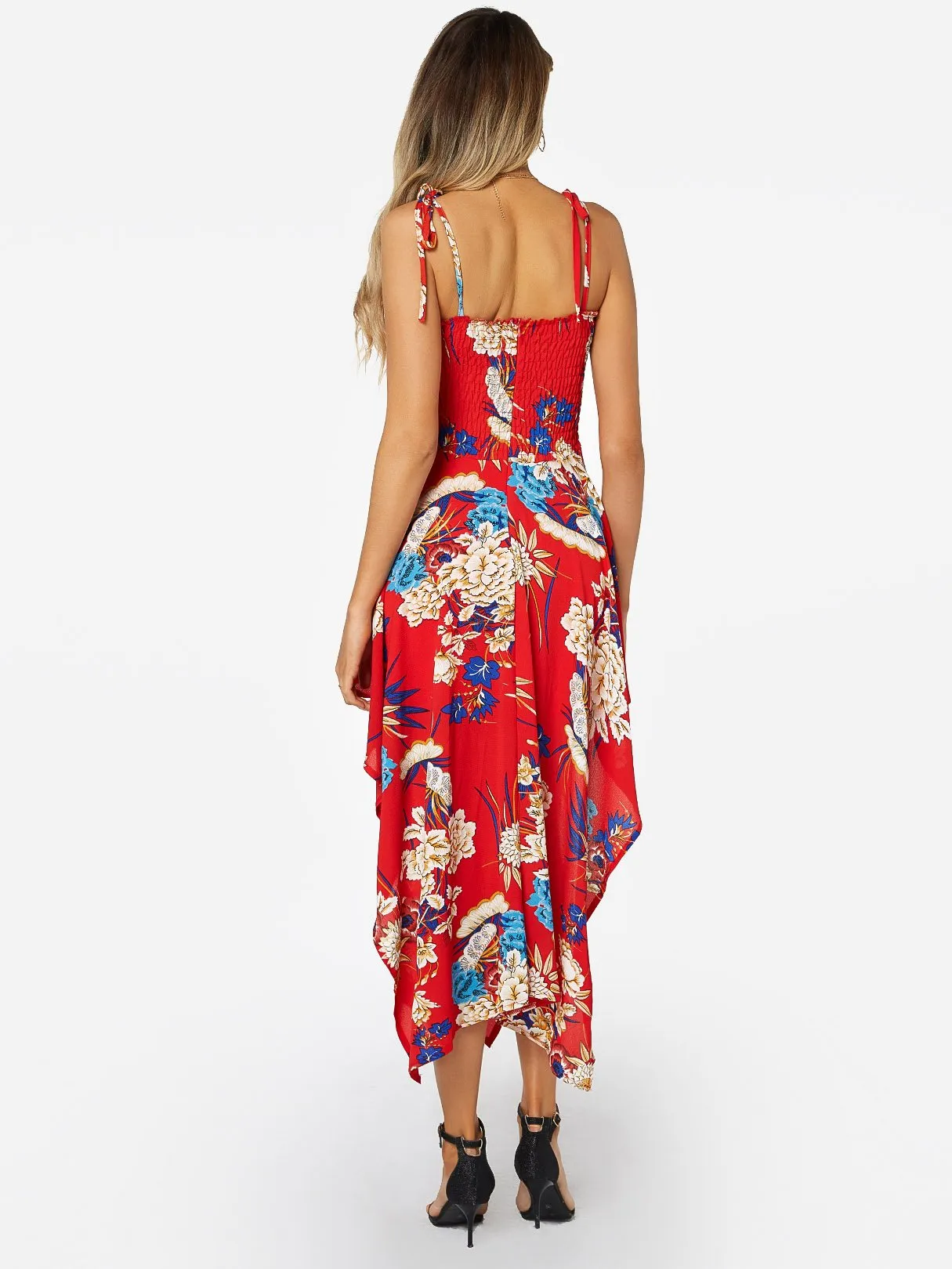 Wholesale Red Tube Top Sleeveless Floral Print Backless Irregular Hem Dresses