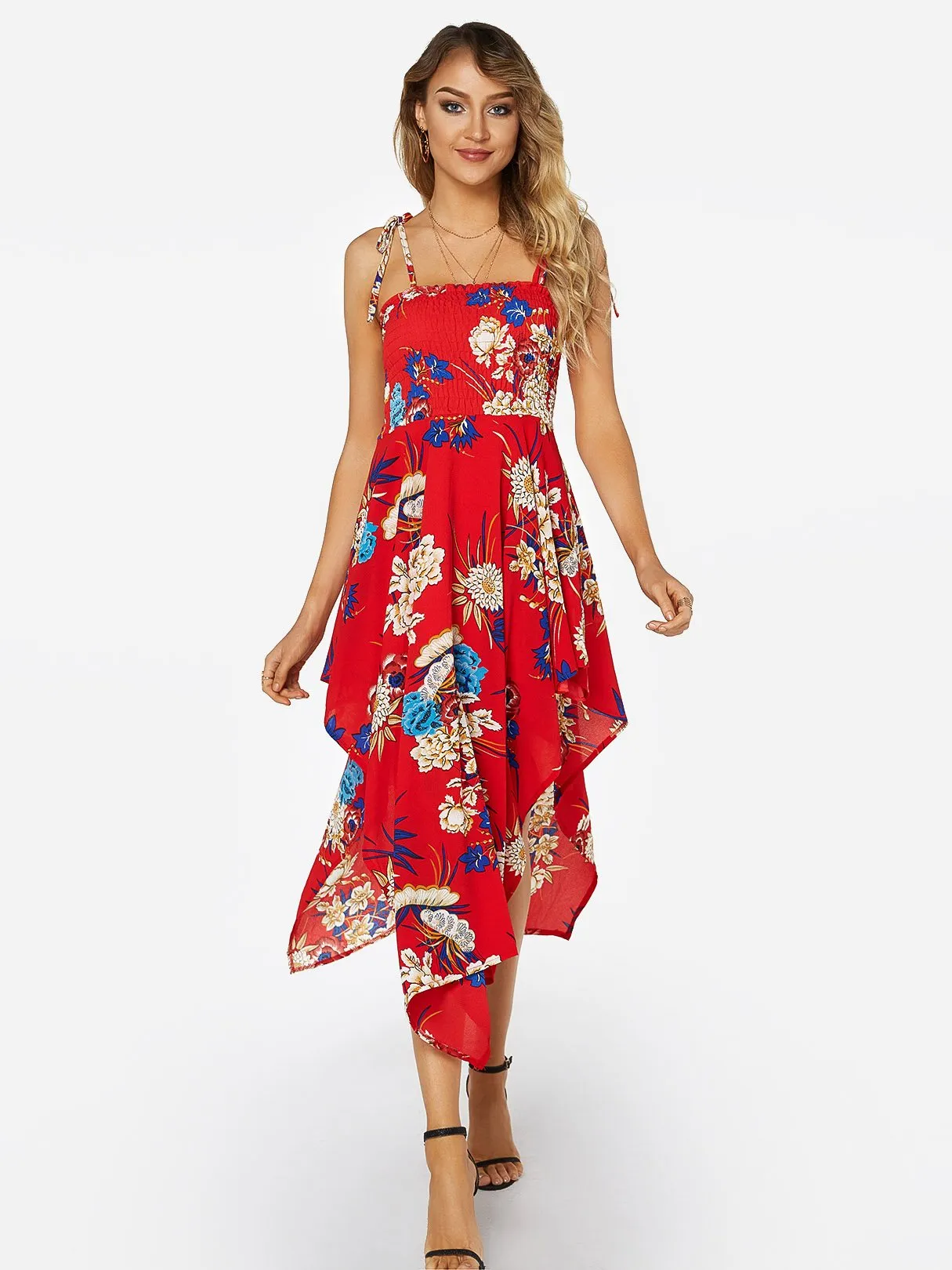 Wholesale Red Tube Top Sleeveless Floral Print Backless Irregular Hem Dresses